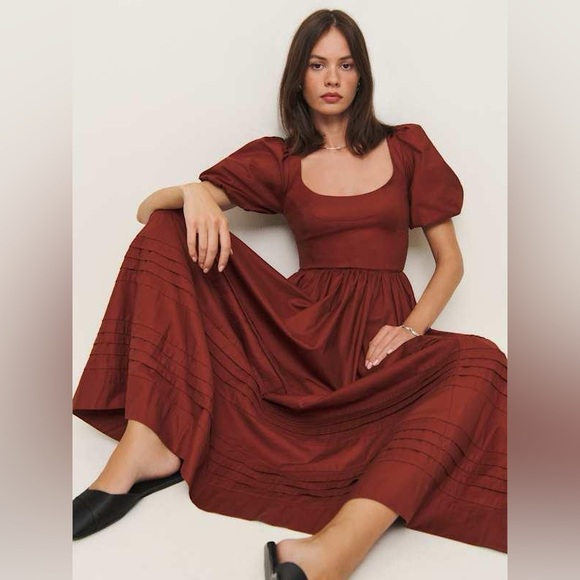 NWT Reformation Everlyn Puff Sleeve Stretch Organic Cotton Maxi Dress in rust - Picture 10 of 10